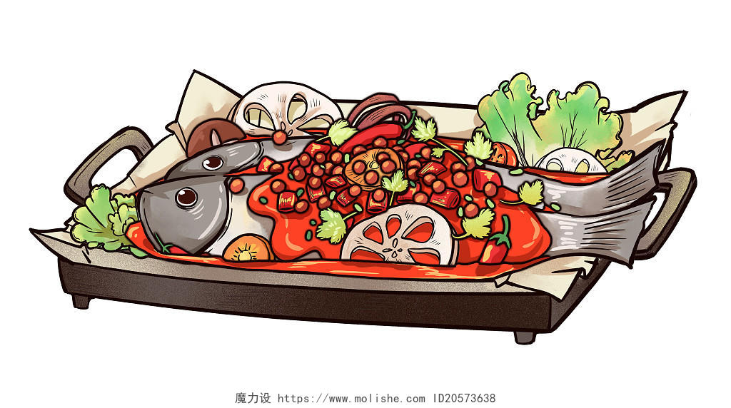 手绘国潮食物烤鱼美食插画PNG元素